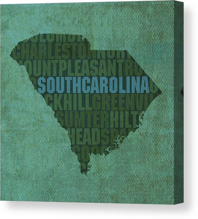 South Carolina Word Art State Map On Canvas Canvas Print featuring the mixed media South Carolina Word Art State Map on Canvas by Design Turnpike