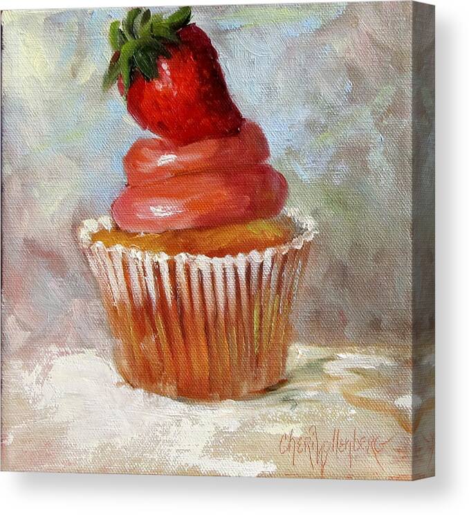 Cupcake Canvas Print featuring the painting Stawberry Topped Cupcake by Cheri Wollenberg