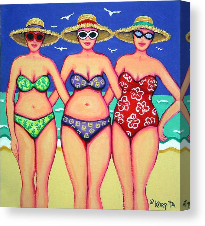 Colorful Women On Beach Canvas Print featuring the painting Summer Sisters - Beach by Rebecca Korpita