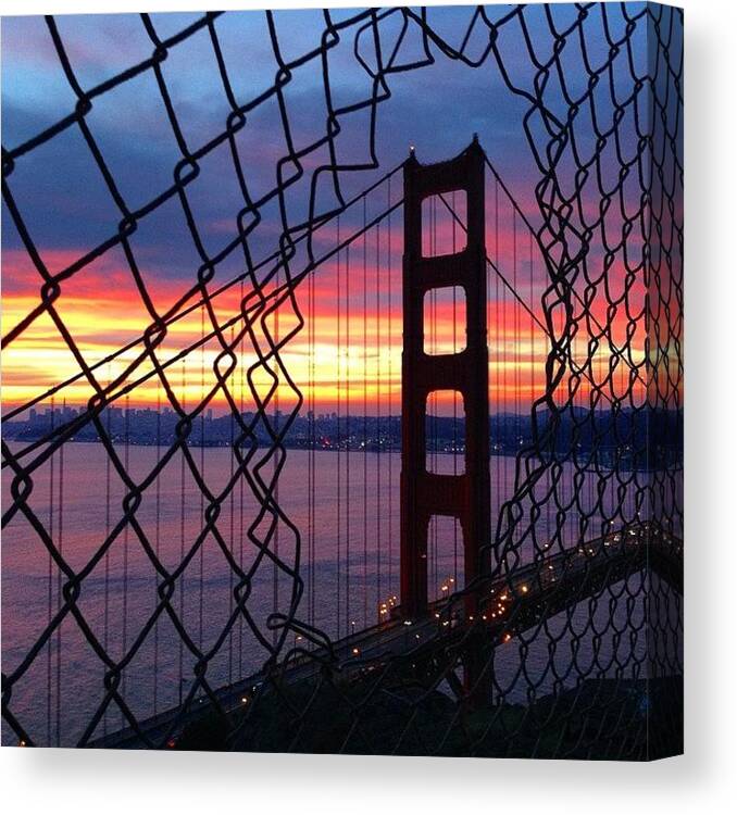 Golden Gate Bridge Canvas Print featuring the photograph Sunrise Fence Bridge and City by Eugene Evon