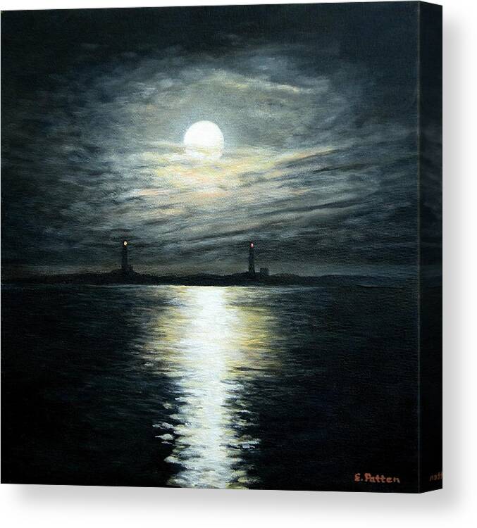 Moon Canvas Print featuring the painting Supermoon Rising over Thacher Island by Eileen Patten Oliver