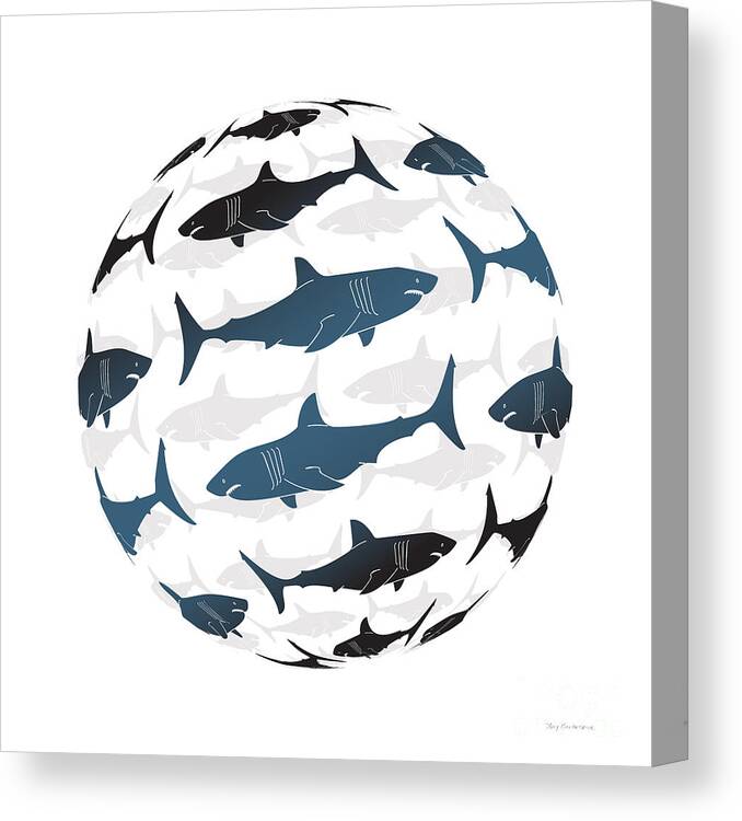 Shark Canvas Print featuring the painting Swimming Blue Sharks Around The Globe by Amy Kirkpatrick
