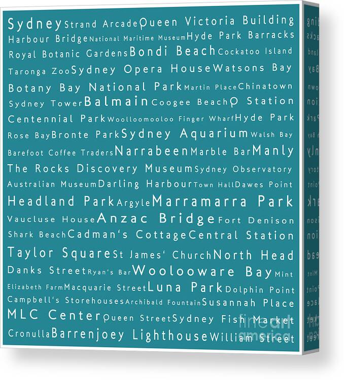 City Canvas Print featuring the digital art Sydney in Words Teal by Sabine Jacobs