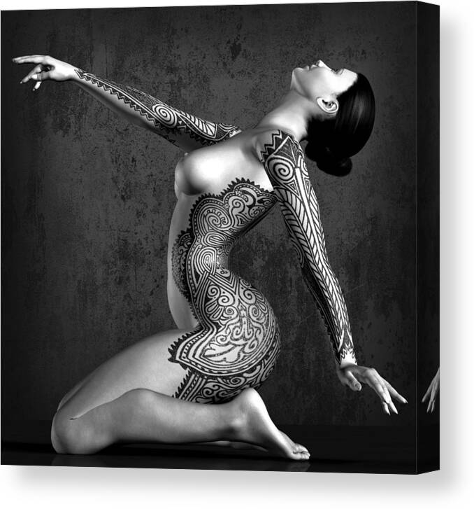 Tattooed Nude Canvas Print featuring the digital art Tattooed Nude Black and White by Kaylee Mason