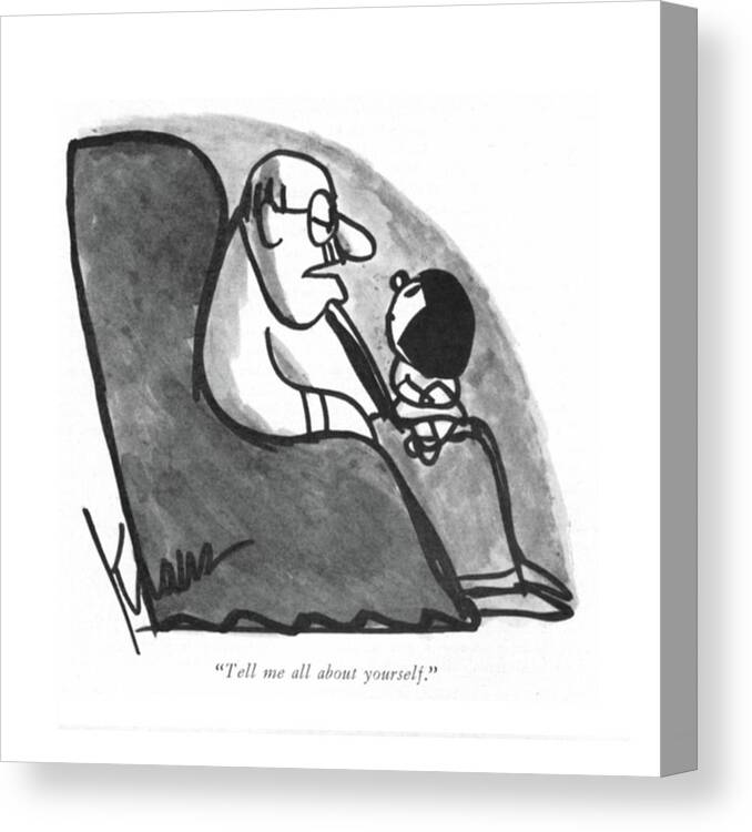 83782 Rkr Robert Kraus (father To Very Small Girl Who Is Sitting On His Lap.) Child Childhood Children Daughter Father Get Girl Girls Inform Information Inquiry Kid Kids Know Lap Little Parent Parenting Relationships Sitting Small Very Youth Canvas Print featuring the drawing Tell Me All About Yourself by Robert Kraus