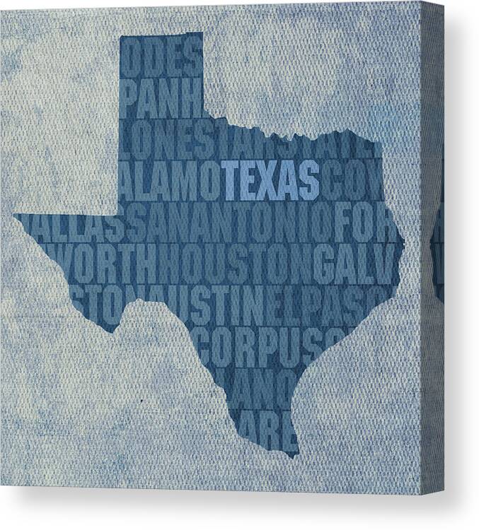 Texas Word Art State Map On Canvas Dallas San Antonio Houston Galveston Austin El Paso Fort Worth Texan Lone Star Usa America Alamo Canvas Print featuring the mixed media Texas Word Art State Map on Canvas by Design Turnpike