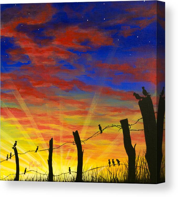 Barbwire Fence Canvas Print featuring the painting The Birds - Red Sky at Night by Jack Malloch