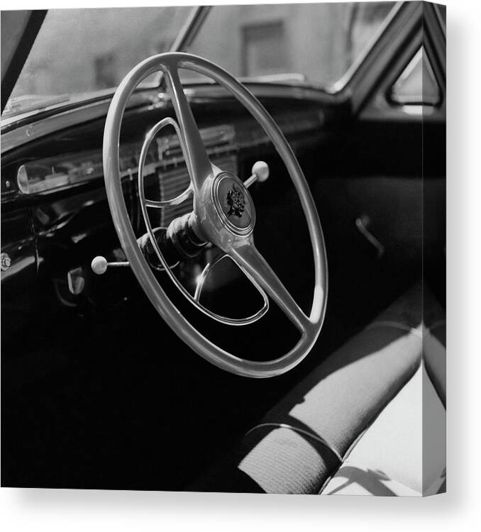 Frazer Canvas Print featuring the photograph The Dashboard Of A Frazer Sedan by Constantin Joffe