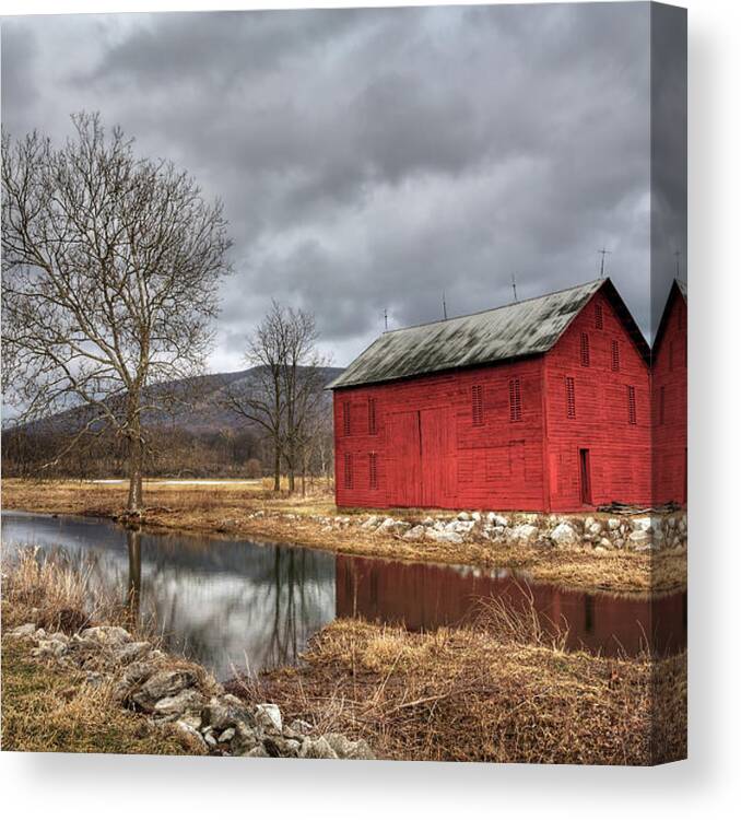 Tranquility Canvas Print featuring the photograph The Red Barn By Stream by Julie Thurston