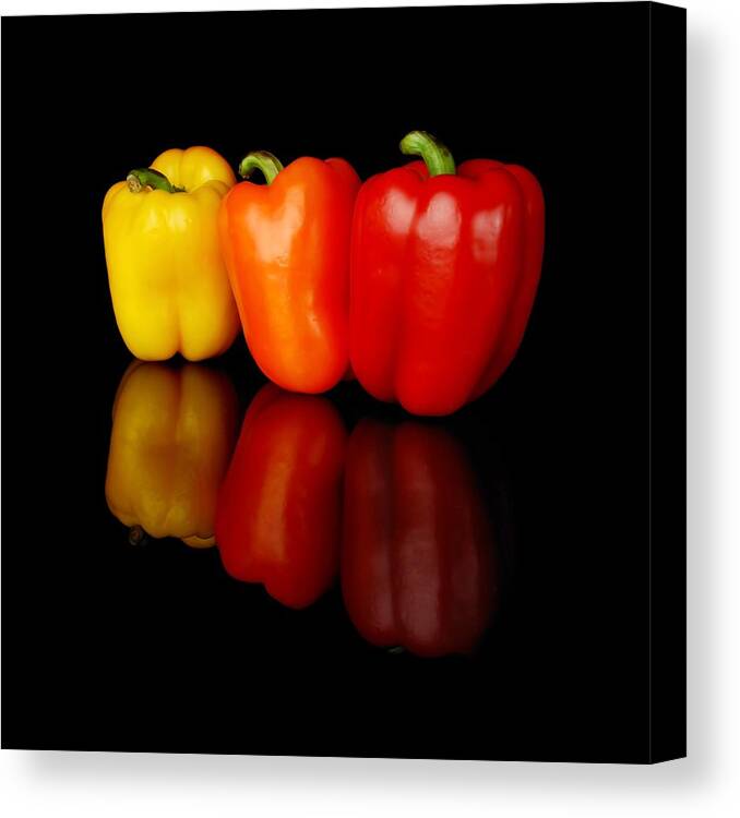 Bell Canvas Print featuring the photograph Three Bell Peppers by Jim Hughes