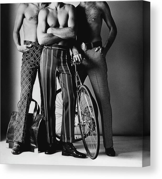 Fashion Canvas Print featuring the photograph Three Male Models Wearing Patterned Trousers by Ken Haak