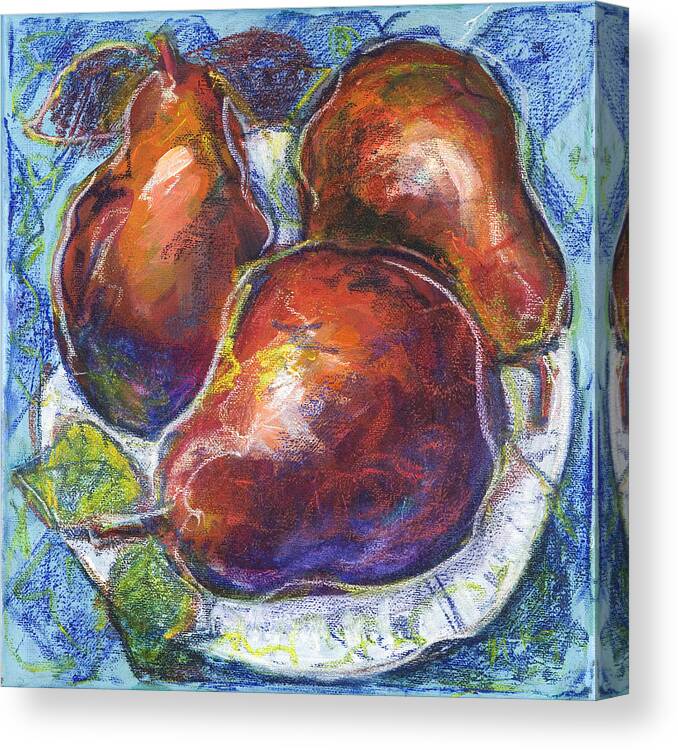 Still Life Canvas Print featuring the painting Three pears on a white plate by Maxim Komissarchik