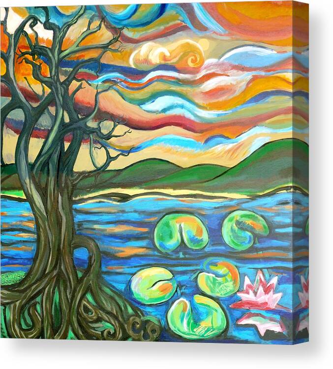 Tree Canvas Print featuring the painting Tree And Lilies At Sunrise by Genevieve Esson