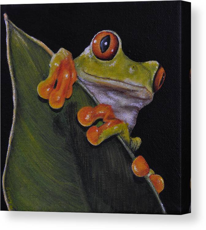 Tree Frog Canvas Print featuring the painting Tree Frog Peeking at You by Nancy Lauby