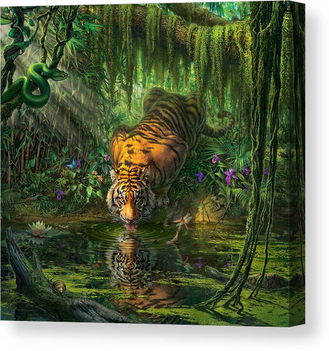Bambootiger Dragonfly Butterfly Bengal Tiger India Rainforest Junglefredrickson Snail Water Lily Orchid Flowers Vines Snake Viper Pit Viper Frog Toad Palms Pond River Moss Tiger Paintings Jungle Tigers Tiger Art Canvas Print featuring the digital art Aurora's Garden by Mark Fredrickson