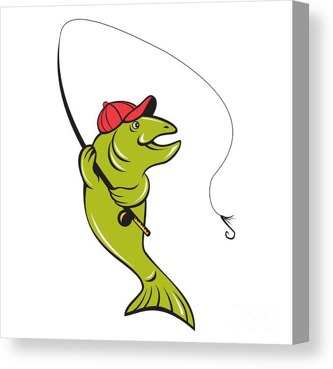 Trout Fly Fishing Rod Hook Cartoon Canvas Print / Canvas Art by