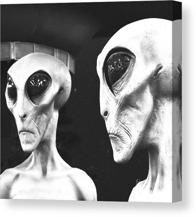 Alien Canvas Print featuring the digital art Two Grey Aliens Science Fiction Square Format Black and White Film Grain Digital Art by Shawn O'Brien