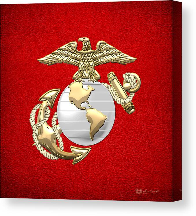 'military Insignia & Heraldry 3d' Collection By Serge Averbukh Canvas Print featuring the digital art U. S. Marine Corps Eagle Globe and Anchor - E G A on Red Leather by Serge Averbukh