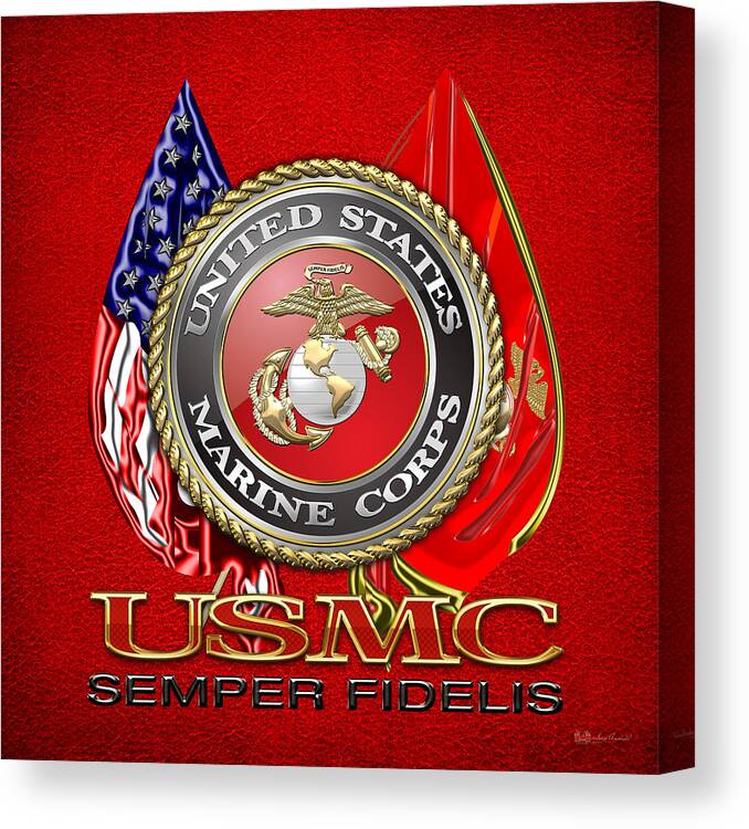 'military Insignia & Heraldry 3d' Collection By Serge Averbukh Canvas Print featuring the digital art U. S. Marine Corps U S M C Emblem on Red by Serge Averbukh