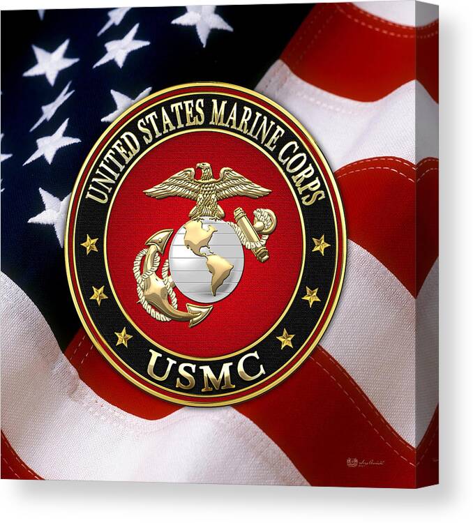 'usmc' Collection By Serge Averbukh Canvas Print featuring the digital art U S M C Eagle Globe and Anchor - E G A over American Flag. by Serge Averbukh