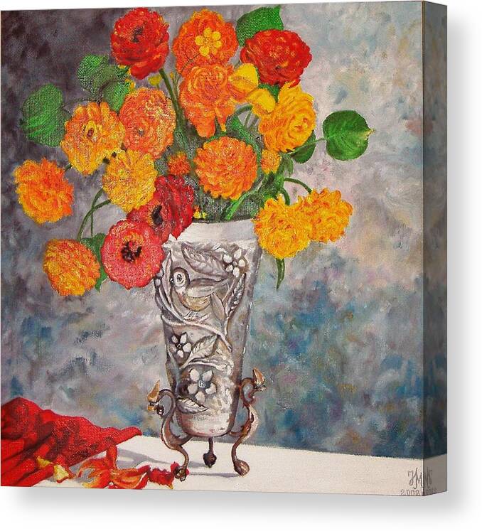 Original Work Canvas Print featuring the painting Vase with bird by Nina Mitkova