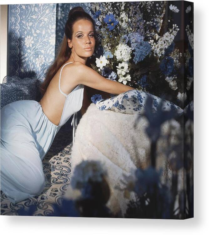 Indoors Canvas Print featuring the photograph Veruschka Wearing Blue Nightgown by Horst P. Horst