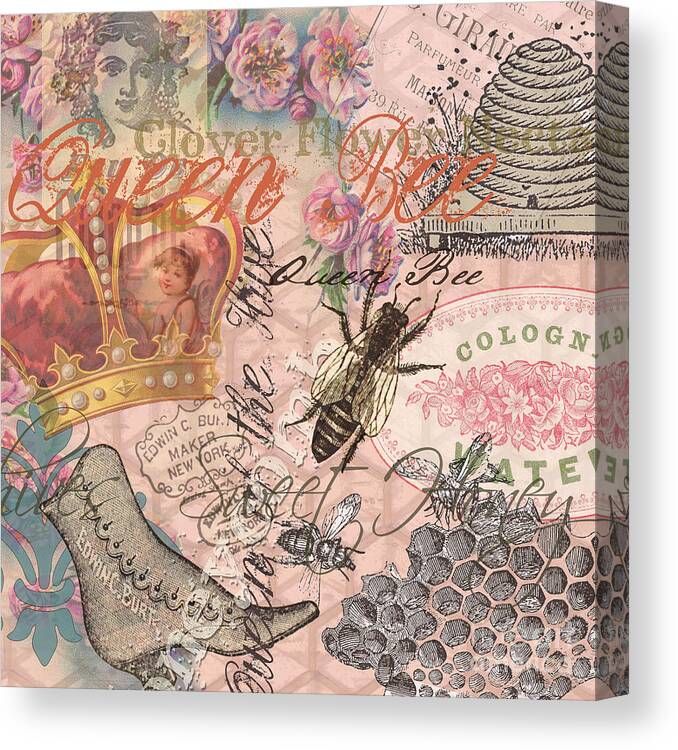 Doodlefly Canvas Print featuring the digital art Vintage Queen Bee Collage by Mary Hubley