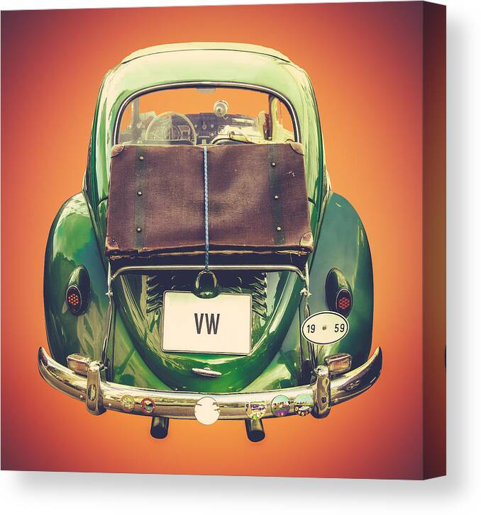 1959 Canvas Print featuring the photograph Vintage Volkswagen Beetle With Suitcase by Mr Doomits