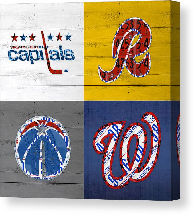 Washington Canvas Print featuring the mixed media Washington DC Sports Fan Recycled Vintage License Plate Art Capitals Redskins Wizards Nationals by Design Turnpike
