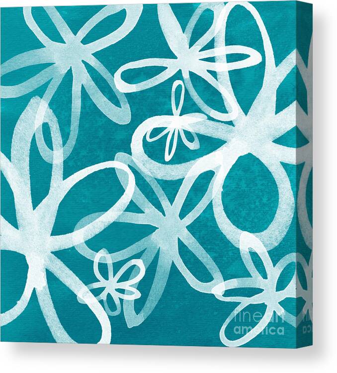 Large Abstract Floral Painting Canvas Print featuring the painting Waterflowers- teal and white by Linda Woods