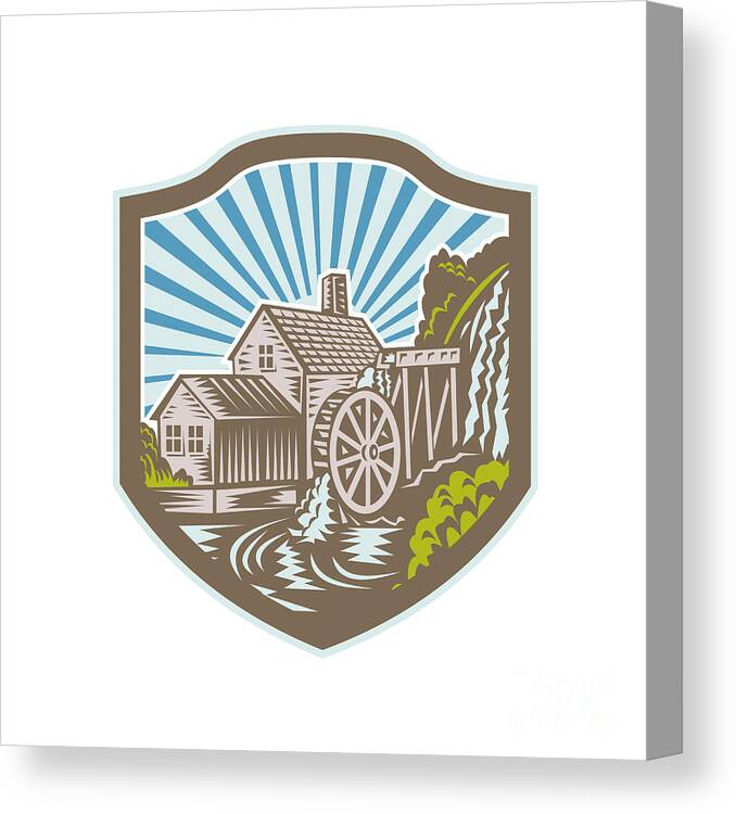 Watermill Canvas Print featuring the digital art Watermill House Shield Retro by Aloysius Patrimonio