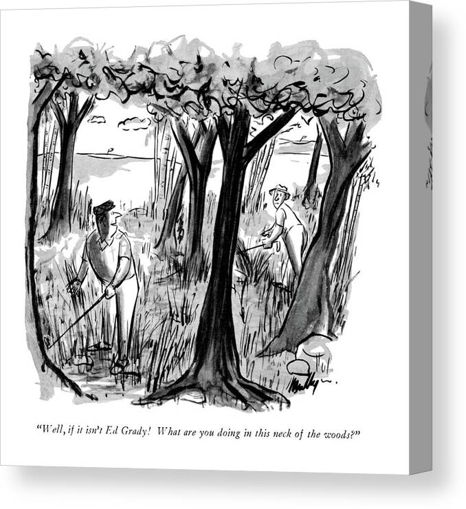 
 (two Golfers Looking For Their Balls In A Woods.) Leisure Canvas Print featuring the drawing Well, If It Isn't Ed Grady! What Are You Doing by James Mulligan