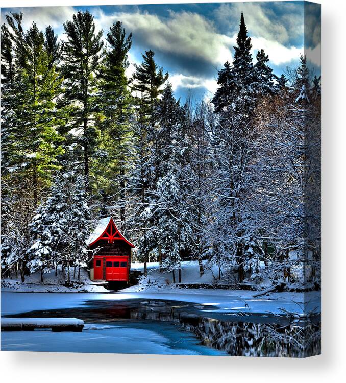 Winter At The Red Boathouse Canvas Print featuring the photograph Winter at the Red Boathouse by David Patterson