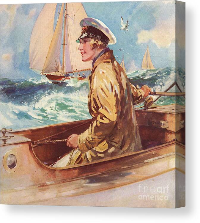 1930s Canvas Print featuring the drawing Woman In Boat 1939 1930s Uk Sailing by The Advertising Archives