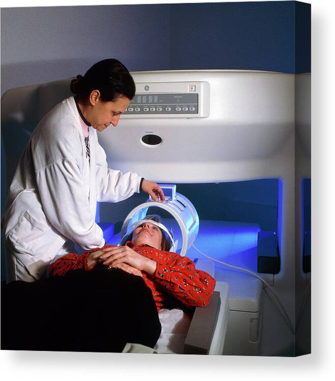 Mri Scanner Canvas Print featuring the photograph Woman Prepared For Entering A Wide Mri Scanner by Stevie Grand/science Photo Library