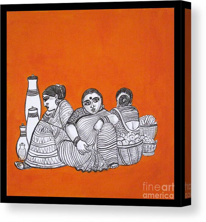 Women Hawkers-from Imagination Canvas Print featuring the painting Women vendors in market by Asha Sudhaker Shenoy