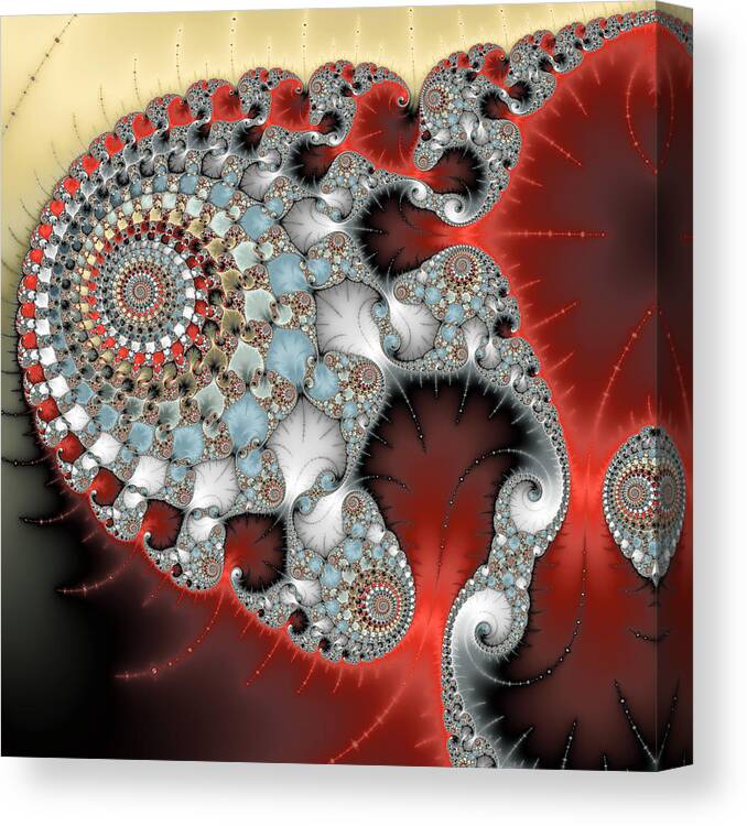 Spiral Canvas Print featuring the digital art Wonderful abstract fractal spirals red grey yellow and light blue by Matthias Hauser