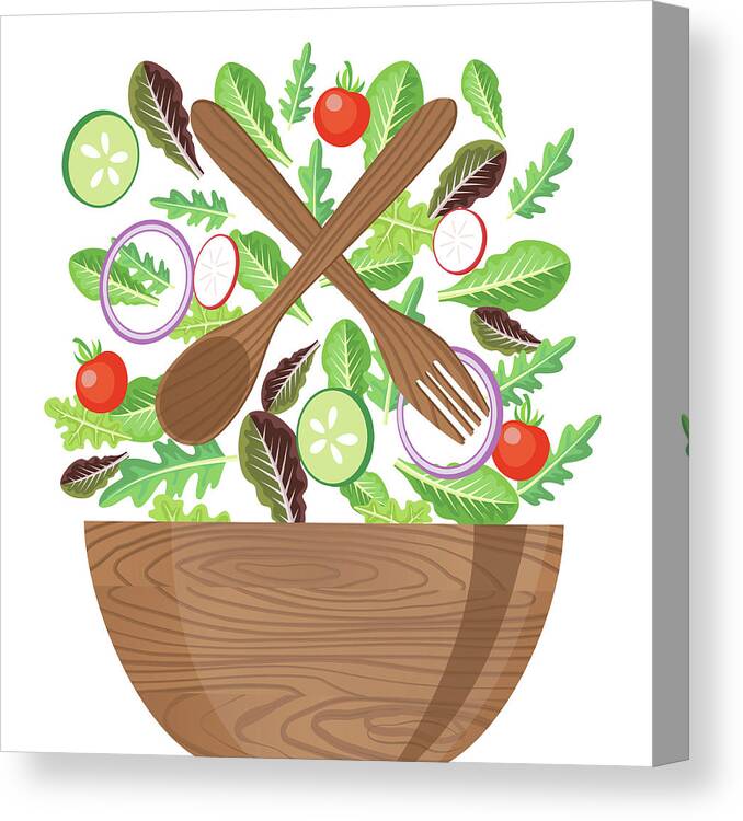 Leaf Vegetable Canvas Print featuring the digital art Wood Bowl Of Salad With Flying by Diane Labombarbe