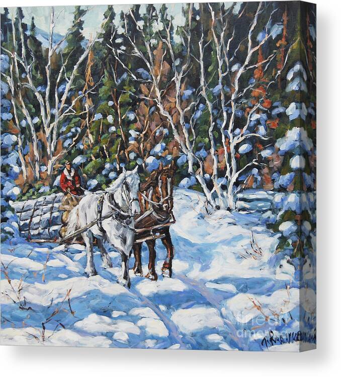 Art Canvas Print featuring the painting Horses Hauling wood in winter by Prankearts by Richard T Pranke