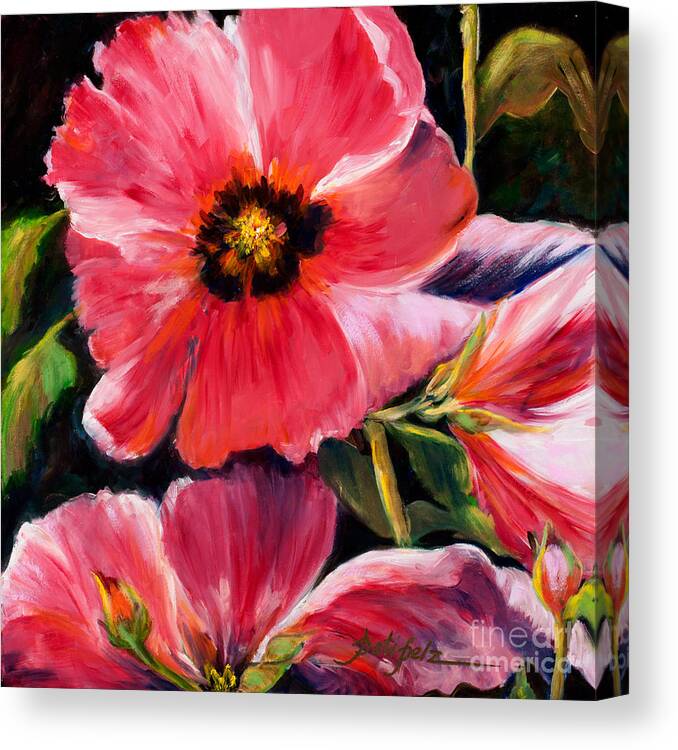 Beautiful Hot Pink Flowers Prints Canvas Print featuring the painting Pink Hollyhocks #1 by Pati Pelz