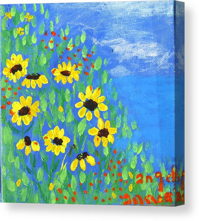Flower Canvas Print featuring the painting Black Eyed Susans on a Hill by Angela Annas