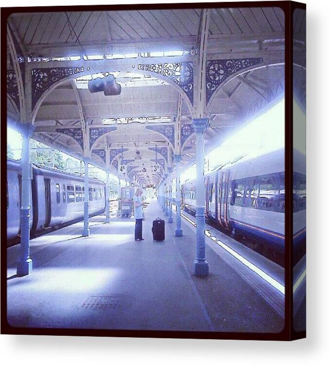 Blue Canvas Print featuring the photograph #blue ... #norwich #station #platform by Linandara Linandara