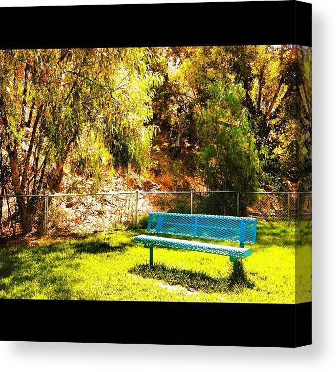 Park Canvas Print featuring the photograph Blue Bench at Park by Melanie Kartawinata