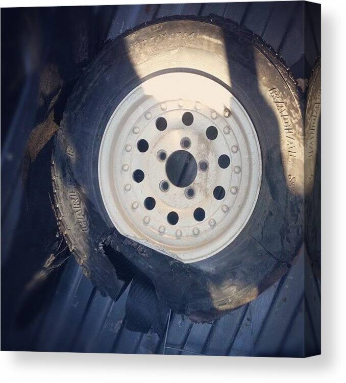 Flat Tire Truck Bed Boat Trailer Trash Ruined Wheel Rim Accident Mishap Canvas Print featuring the photograph Busted Boat Trailer Tire by Blake Kirby