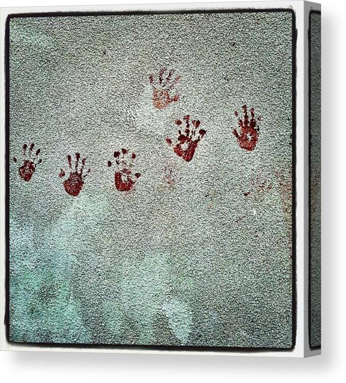 Prints Canvas Print featuring the photograph Child Hand Prints #red #white #wall by Invisible Man