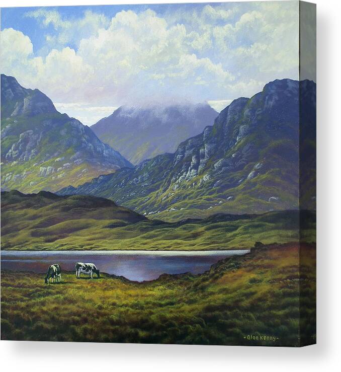 Cattle Canvas Print featuring the painting Connemara landscape with cattle by lake by Alan Kenny