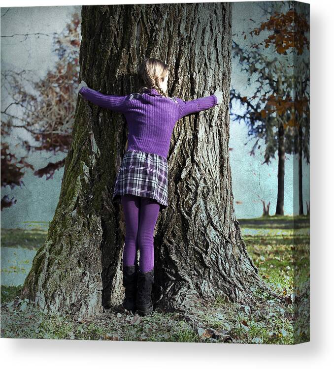 Girl Canvas Print featuring the photograph Girl Hugging Tree Trunk by Joana Kruse