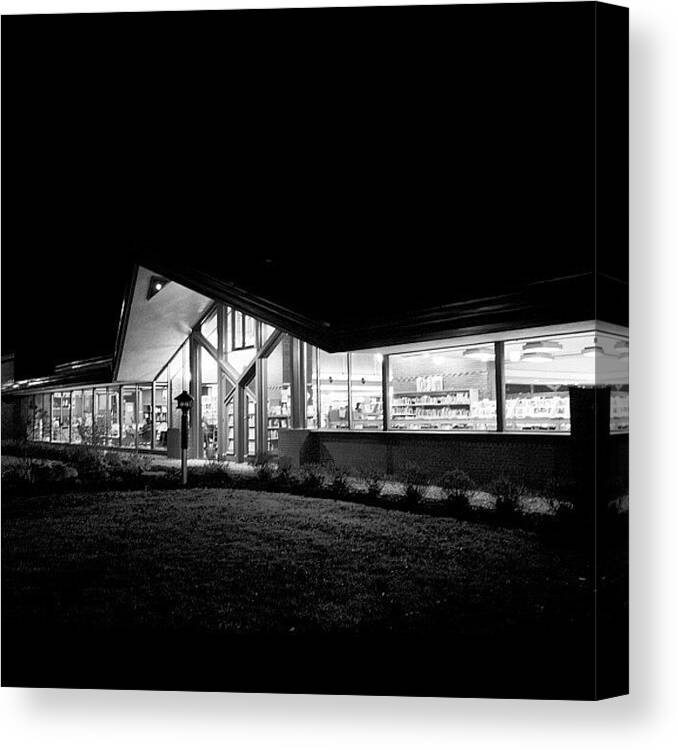 Black_white Canvas Print featuring the photograph #lake #geneva #library At #night by Aran Ackley
