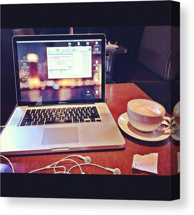Cappuccino Canvas Print featuring the photograph Mobile Work Space. - #cafe #mac #apple by Liza Mae | Luxavision