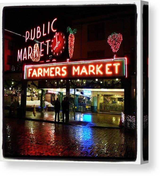 Washington Canvas Print featuring the photograph Pike Place Neon by T Catonpremise
